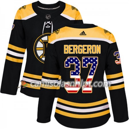 Camisola Boston Bruins Patrice Bergeron 37 Adidas 2017-2018 Preto USA Flag Fashion Authentic - Mulher